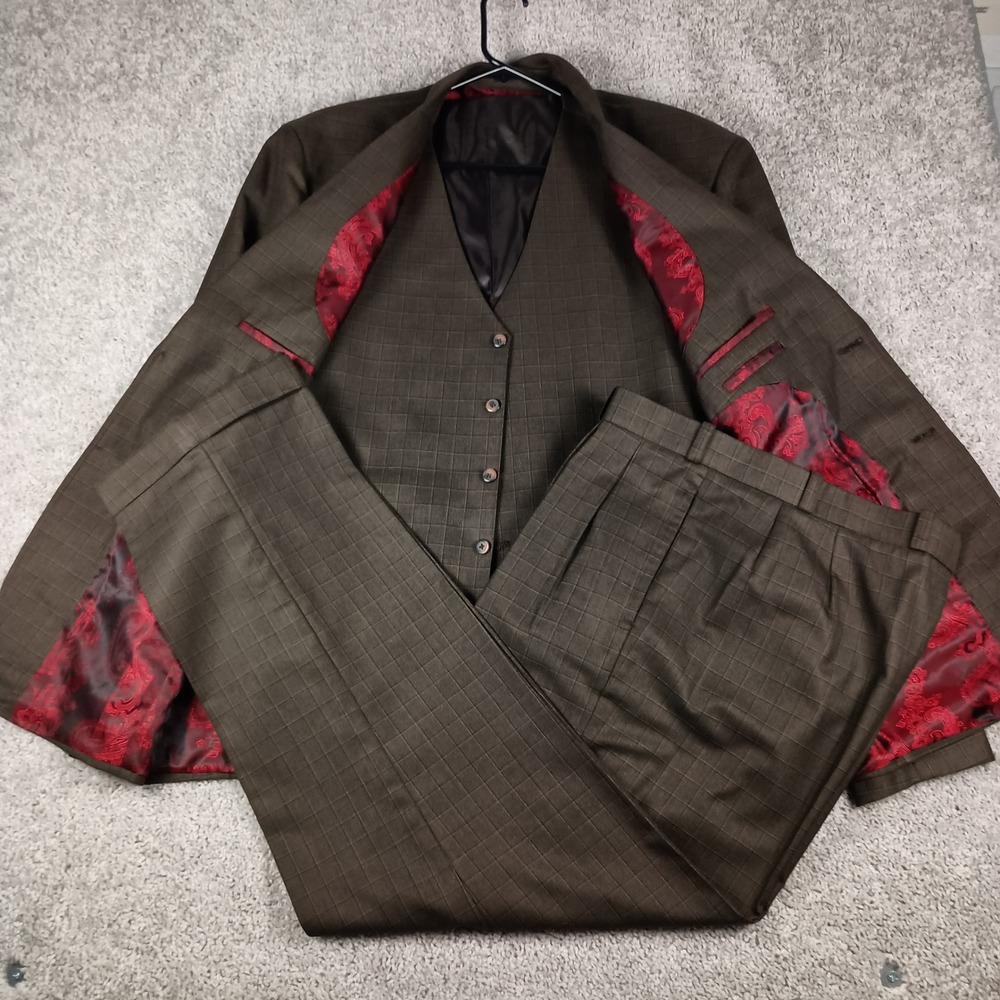 Rare Donear 38R 30W Mens Brown Windowpane Check Scottish Fashion 3 Piece Suit - Picture 5 of 16